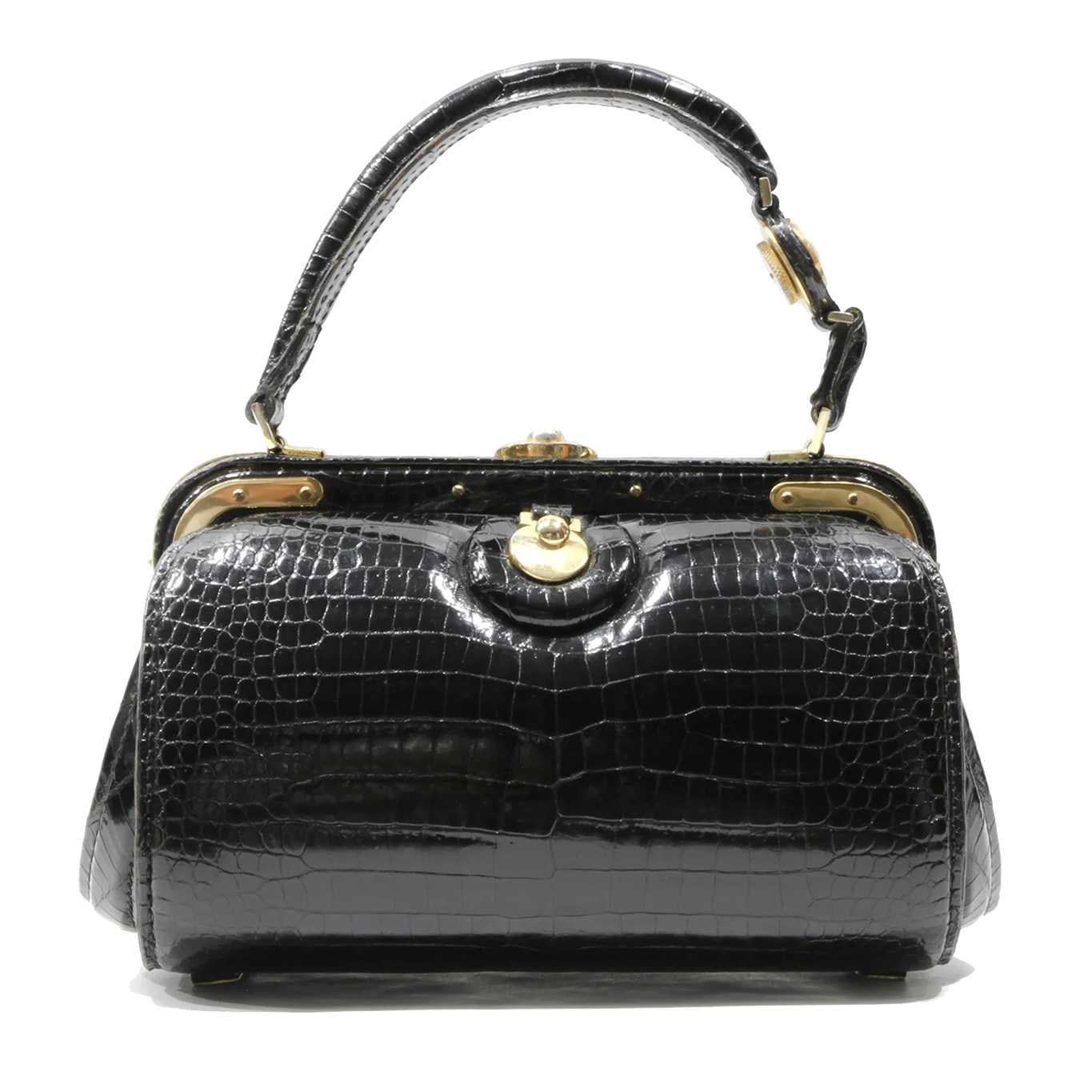 Photo (1) of FERNANDE DESGRANGES black baby crocodile skin bag with pocket watch