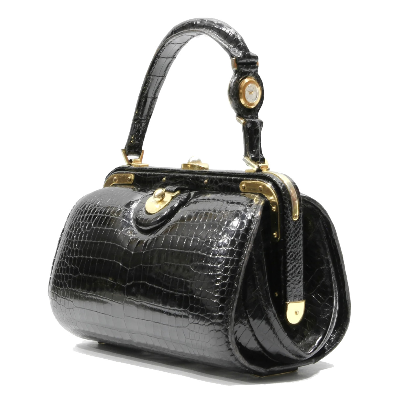 Photo (3) of FERNANDE DESGRANGES black baby crocodile skin bag with pocket watch